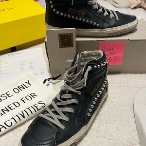 Golden Goose Black Leather studded slides